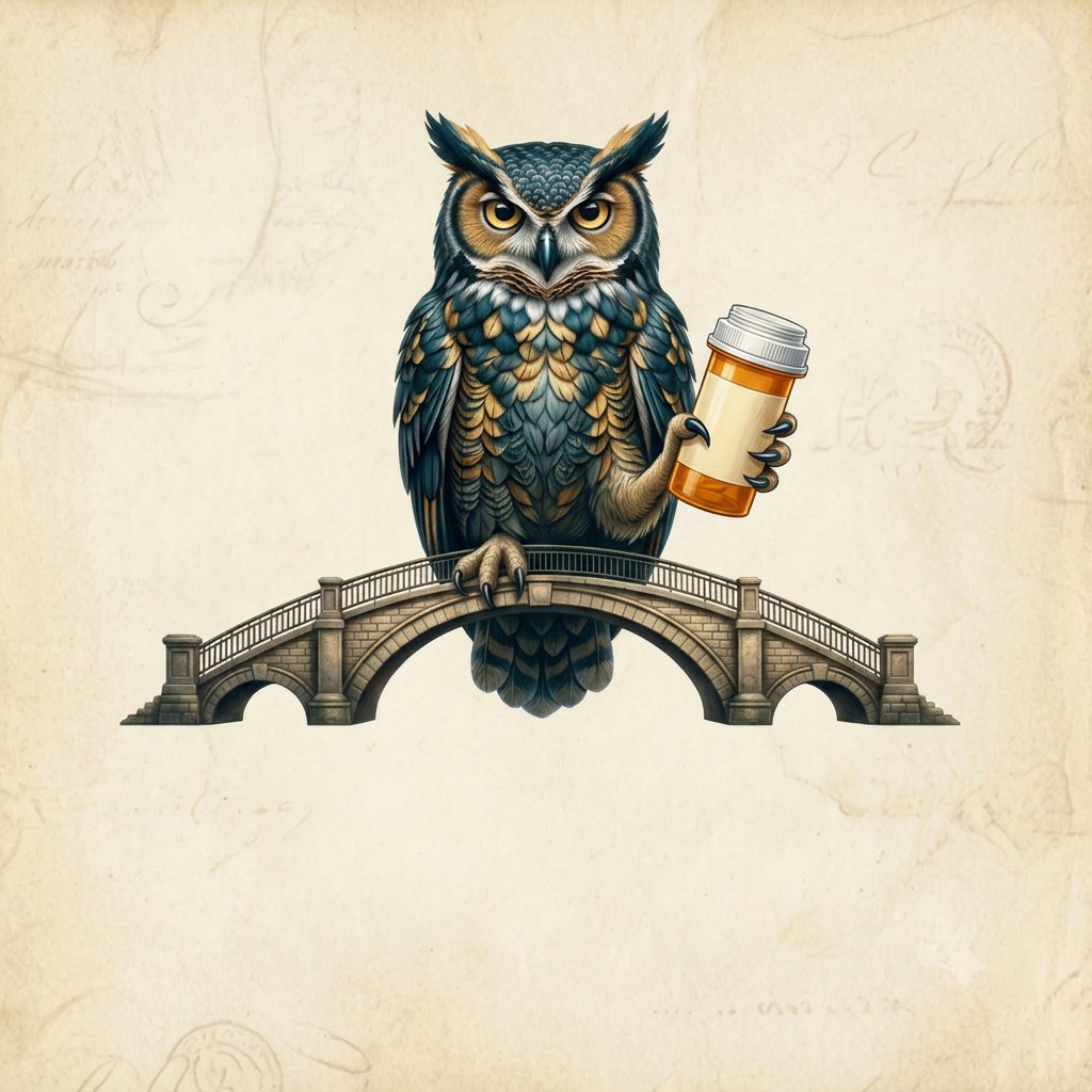 WellBridge owl holding a prescription bottle